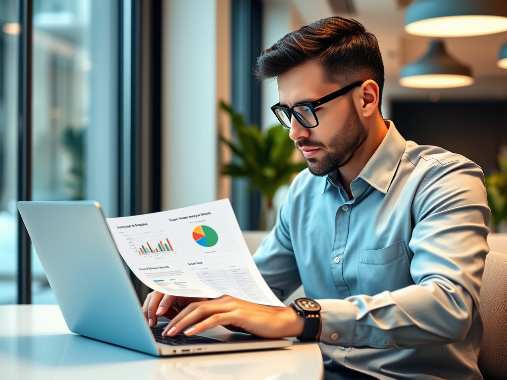 SEO specialist reviewing website audit reports on a laptop in a modern office