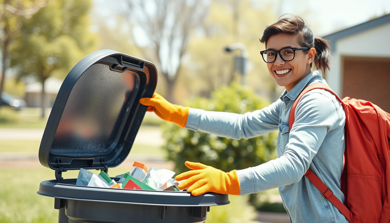  cheerful person swiftly removing trash outdoors, wearing gloves and casual clothes, sunny day