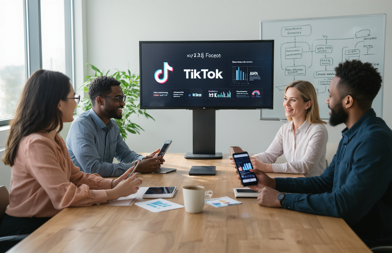 Create a realistic image of a diverse marketing team (Asian female, Black male, White female) gathered around a conference table looking at TikTok analytics on a large screen, with B2B-focused content examples visible on smartphones, professional office setting with modern décor, bright natural lighting, and a whiteboard showing content strategy flowchart in the background.