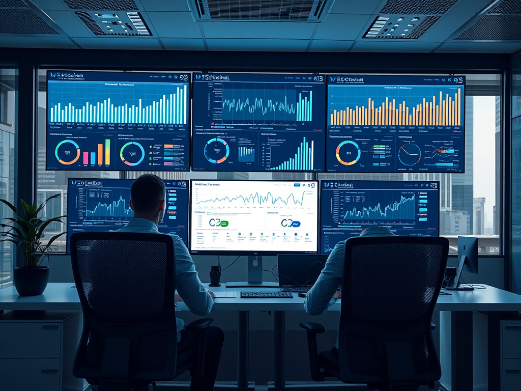 professional workspace with multiple screens displaying network performance metrics in corporate design