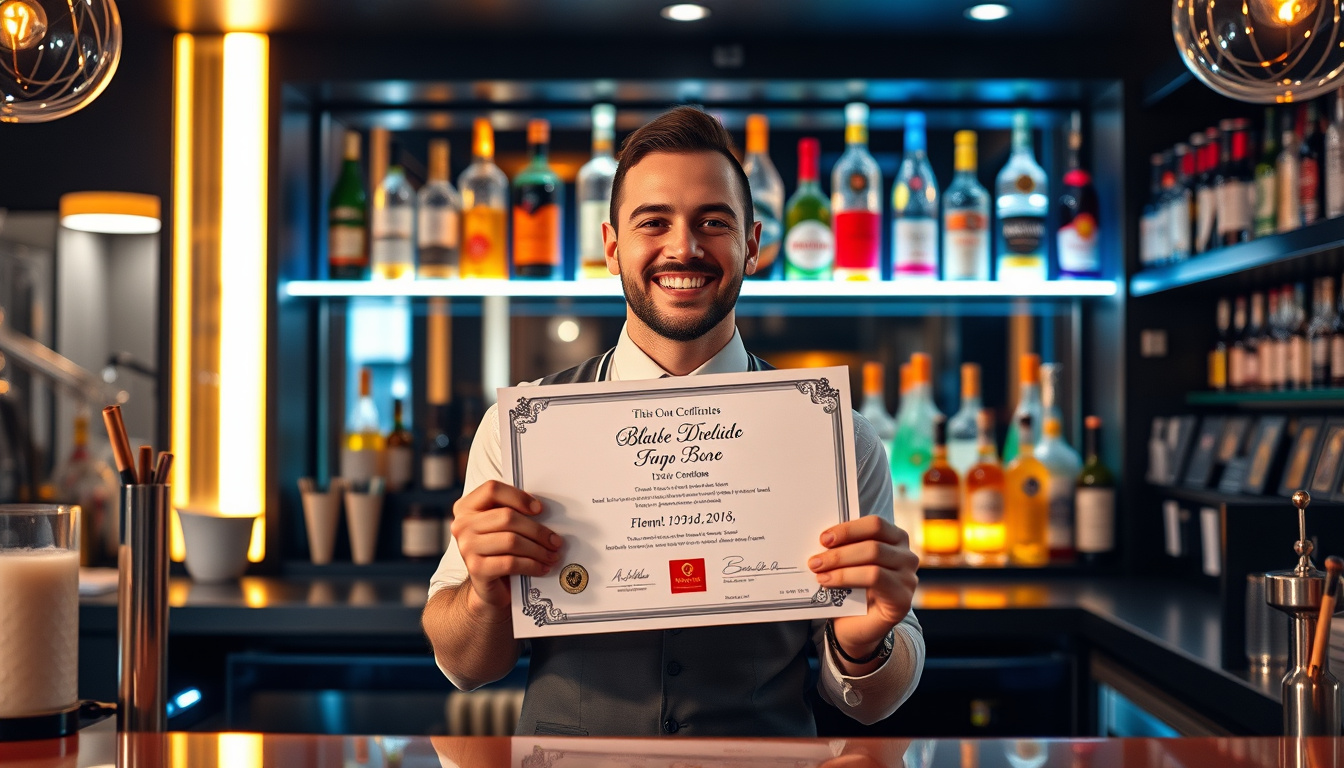  Sleek bar scene with a smiling bartender holding a certificate