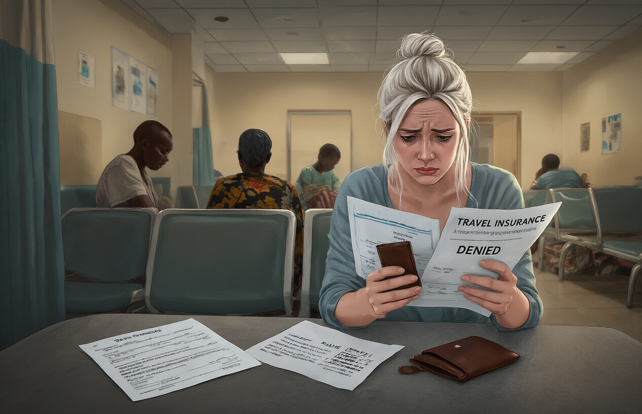 Create a realistic image of a worried white female tourist sitting in a hospital waiting room in Africa, holding medical bills and looking at her empty wallet, with a "Travel Insurance Denied" form visible, background showing other patients, subdued lighting creating a stressful atmosphere.
