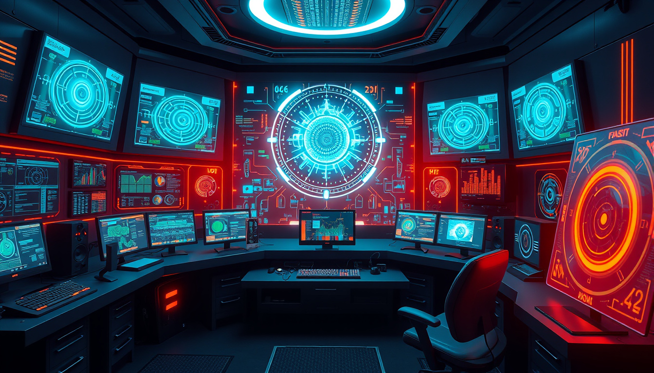  High-tech control room with glowing AI interfaces and intelligent system holograms