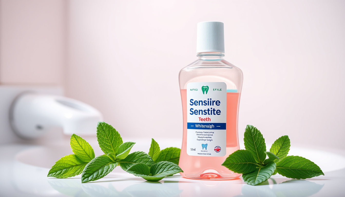  Dental bathroom scene with sensitive teeth whitening mouthwash bottle, fresh mint leaves, glowing smile background