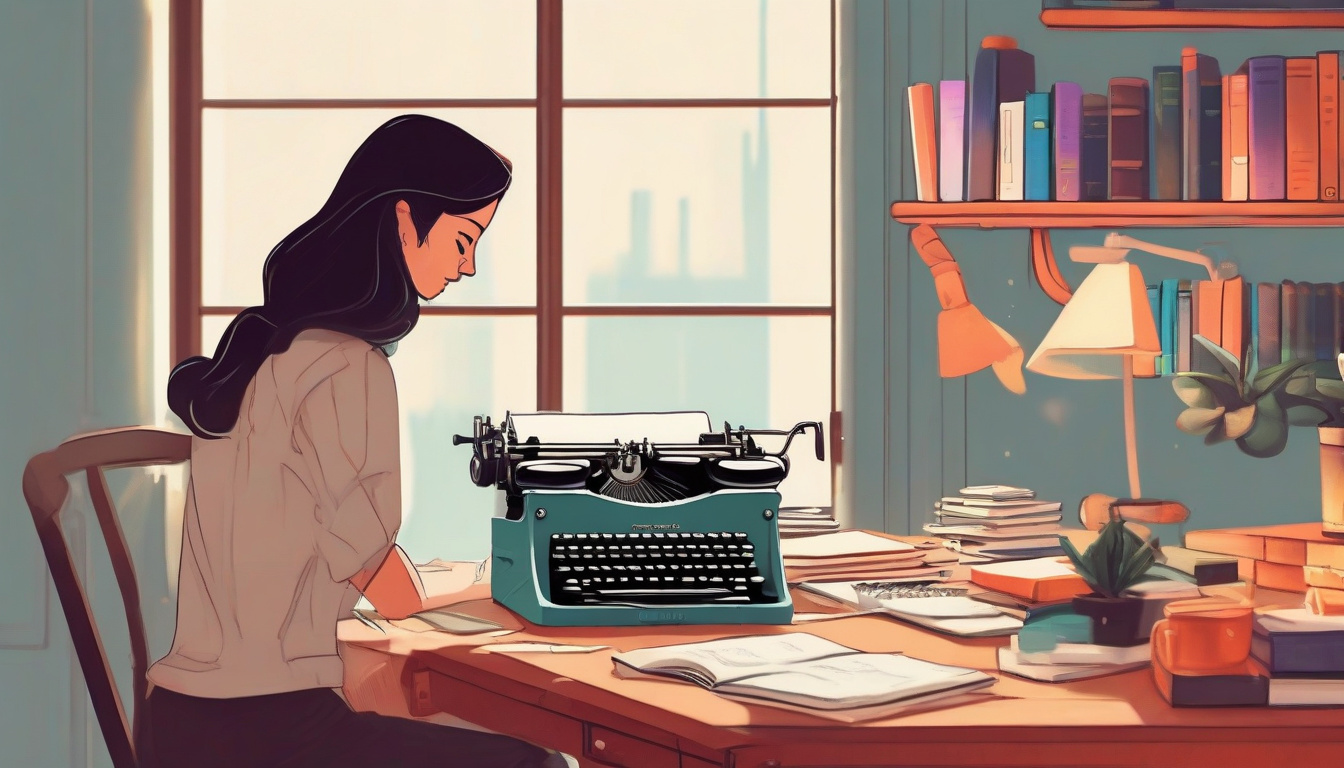  An author crafting a captivating narrative on a vintage typewriter in a cozy study room