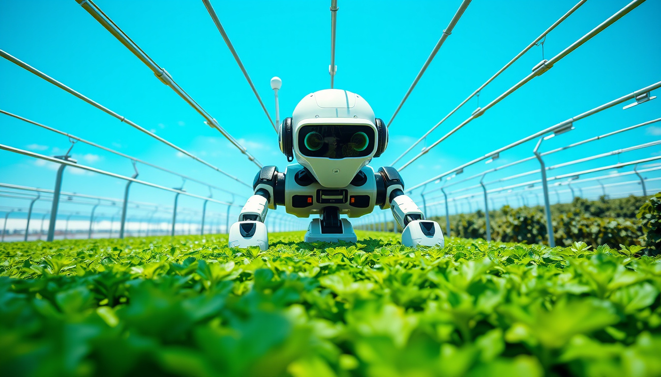  Eco-friendly food production with robots and lush green crops under blue skies