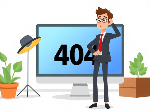 Digital illustration of a confused young adult in business casual clothing standing in front of a large 404 error sign on a computer screen, scratching their head. The background shows a simple office environment with a desk and plants. The style should be friendly and cartoonish with bright colors.