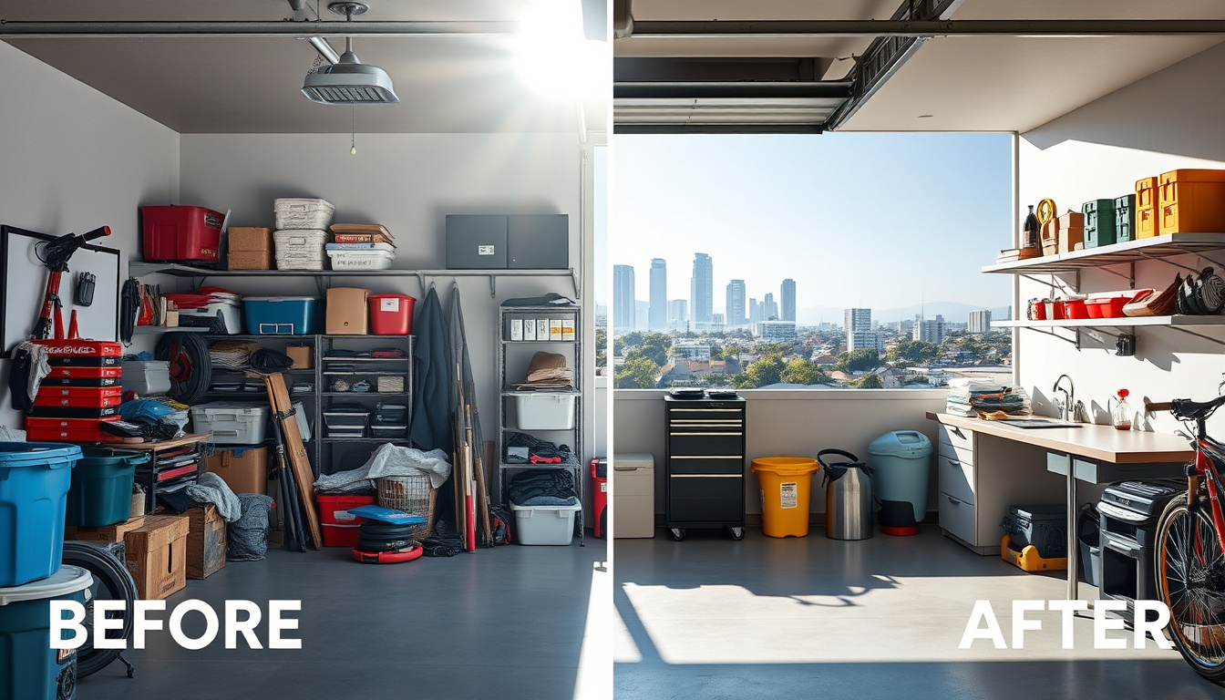  before and after messy garage to organized, clean area, San Diego skyline in background, sunlight filtering in