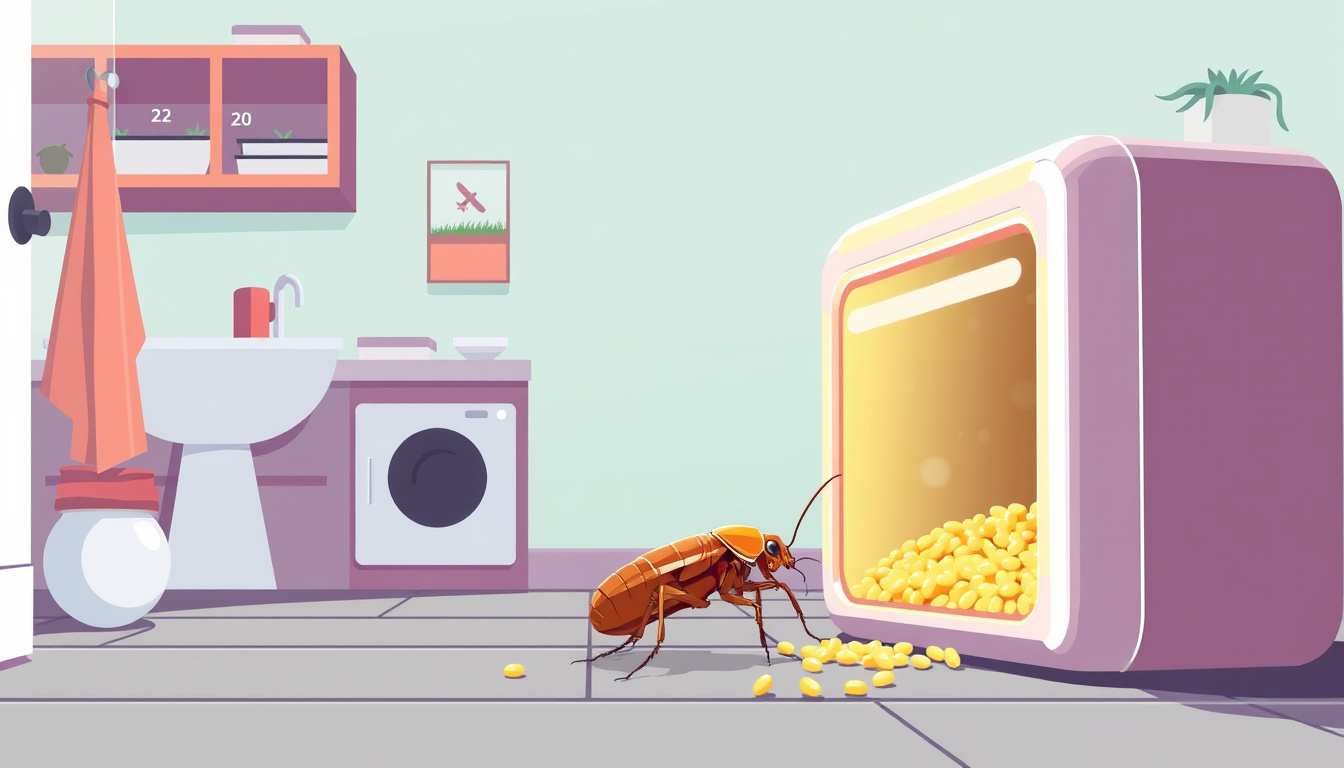  detailed illustration of cockroach crawling into bait station, clean home environment, pest elimination theme