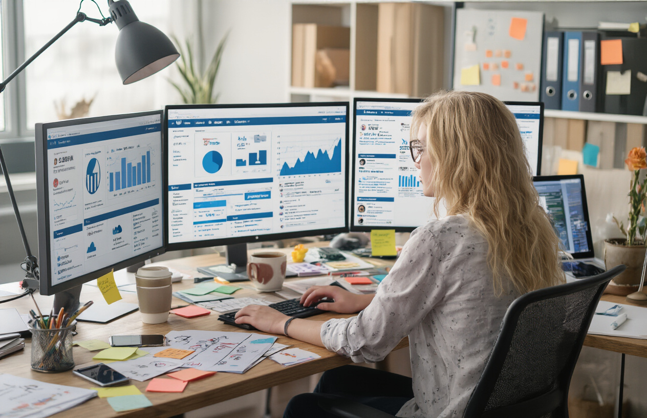 Create a realistic image of a frustrated young white female marketing professional sitting at a cluttered desk, staring at multiple social media analytics screens showing declining engagement graphs, unread messages, and missed notifications, with scattered sticky notes showing conflicting strategy ideas, poor lighting, and a half-empty coffee cup nearby.