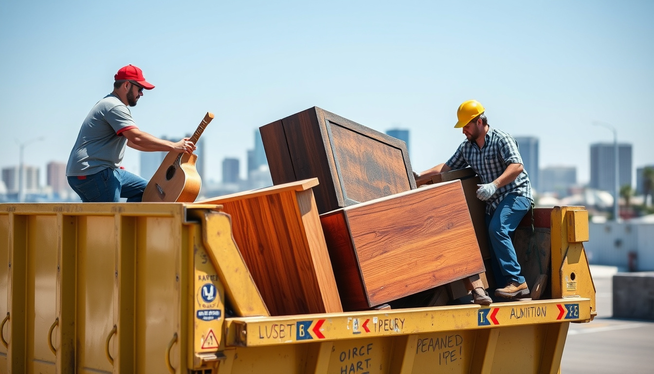  Professional junk removal crew loading old furniture into a dumpster, San Diego skyline background, bright day