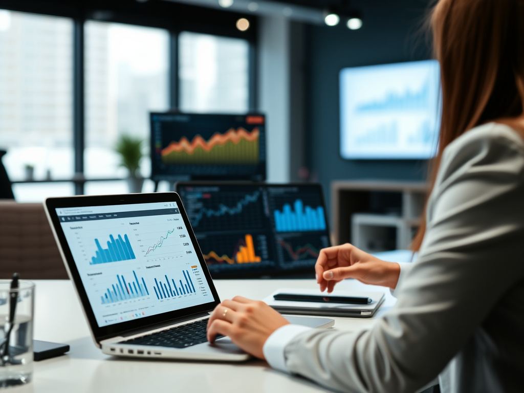 corporate team reviewing website performance metrics on a laptop with charts and analytics