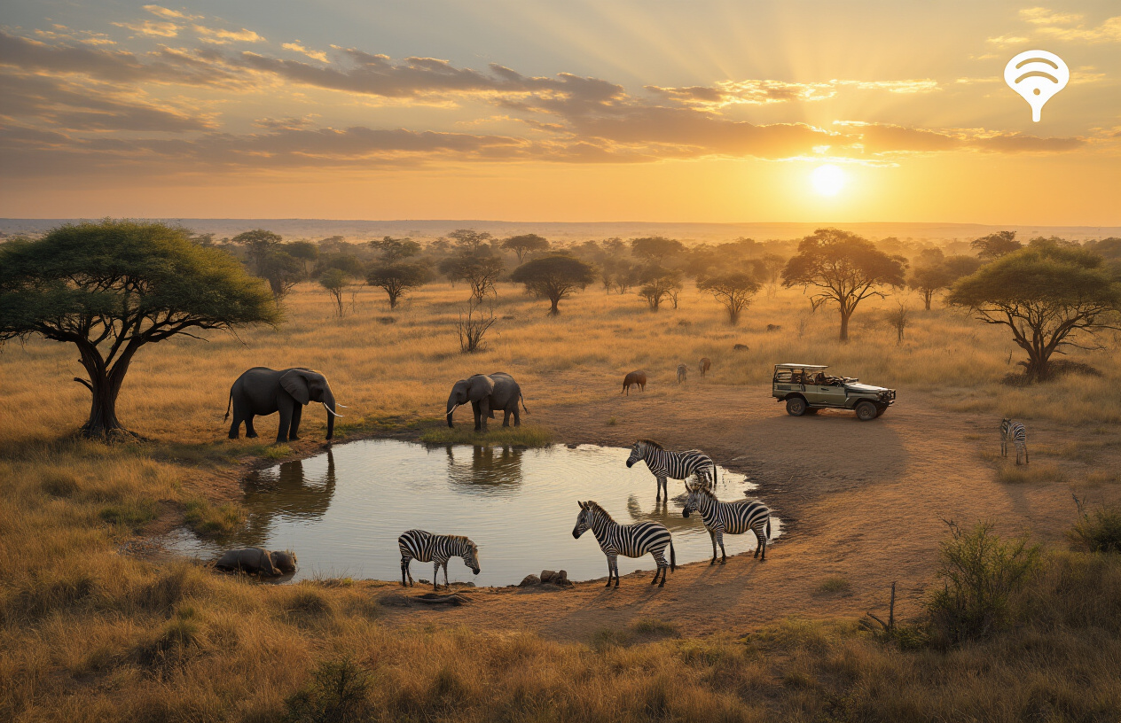 Create a realistic image of Kruger National Park in South Africa featuring a diverse savanna landscape with acacia trees, a watering hole where elephants and zebras gather, golden sunset lighting casting long shadows, with a safari vehicle in the distance, and a subtle visual element suggesting digital connectivity such as a smartphone displaying signal bars in the corner of the scene.