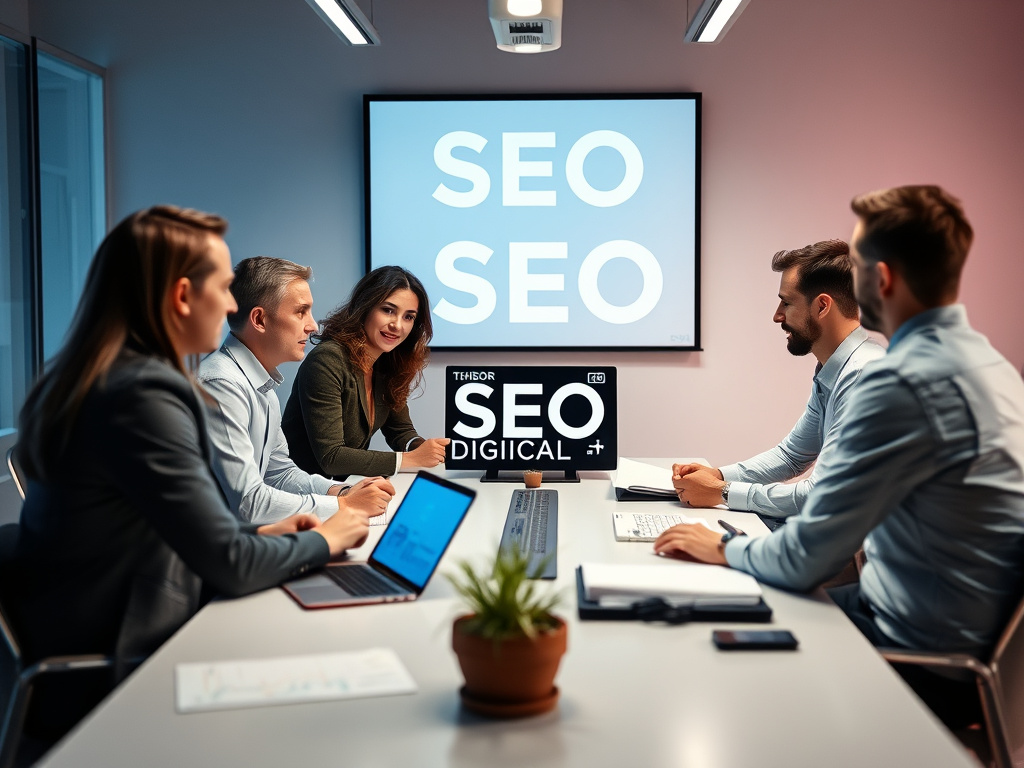 professional digital marketing team discussing SEO strategies around a conference table