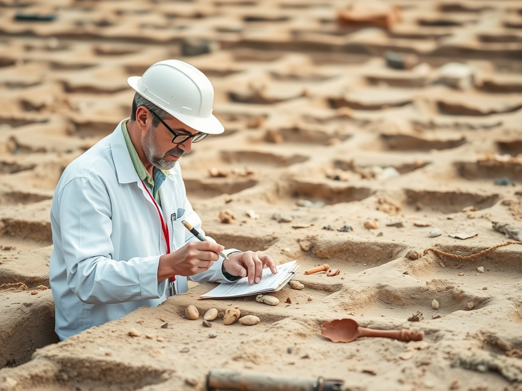 A clean, corporate style photograph of an archaeologist carefully documenting artifacts in a grid-patterned excavation site. Soft, natural light. Focus on the precision of the documentation process.