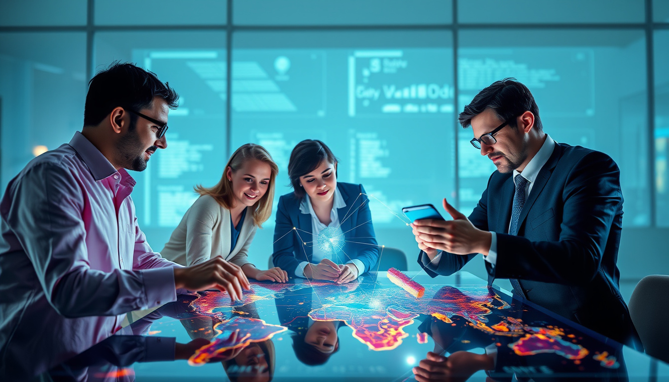  Business team collaborating over holographic process maps