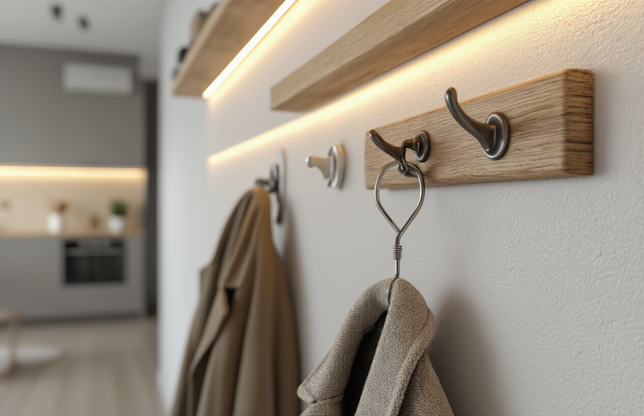 Create a realistic image of a close-up display of different wall hook materials, showing metal, wood, and plastic hooks side by side mounted on a wall in a small apartment, with the metal hook holding a heavy coat, demonstrating its durability, warm lighting highlighting the texture differences between materials, with a minimalist modern apartment background.