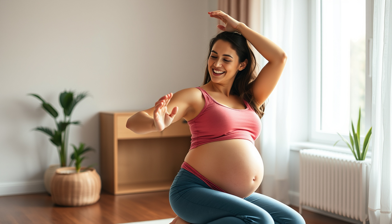  Mother-to-be practicing safe prenatal exercises at home, cheerful and active, warm tones
