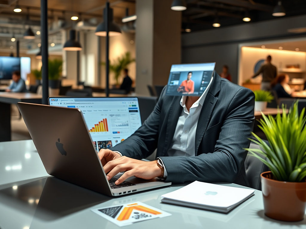 corporate social media manager analyzing ad performance on a sleek laptop in a modern workspace