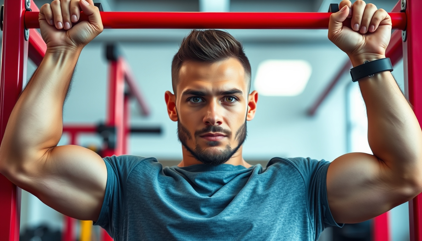  A person practicing pull-ups with a focused expression, colorful gym equipment around them