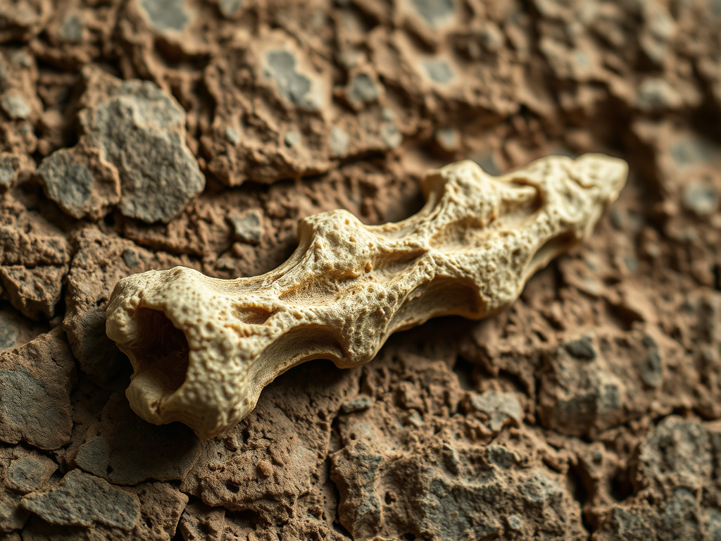 Close-up shot of a fossilized dinosaur bone embedded in a sedimentary rock matrix, under soft, diffused lighting, corporate style.