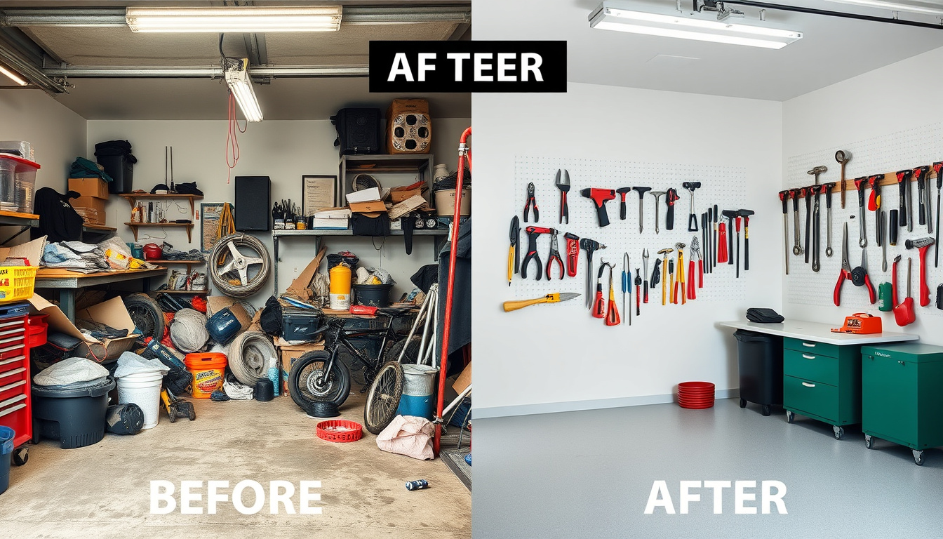 before and after garage cleanout, cluttered mess transforming into neat, minimalist workspace with tools hung on walls