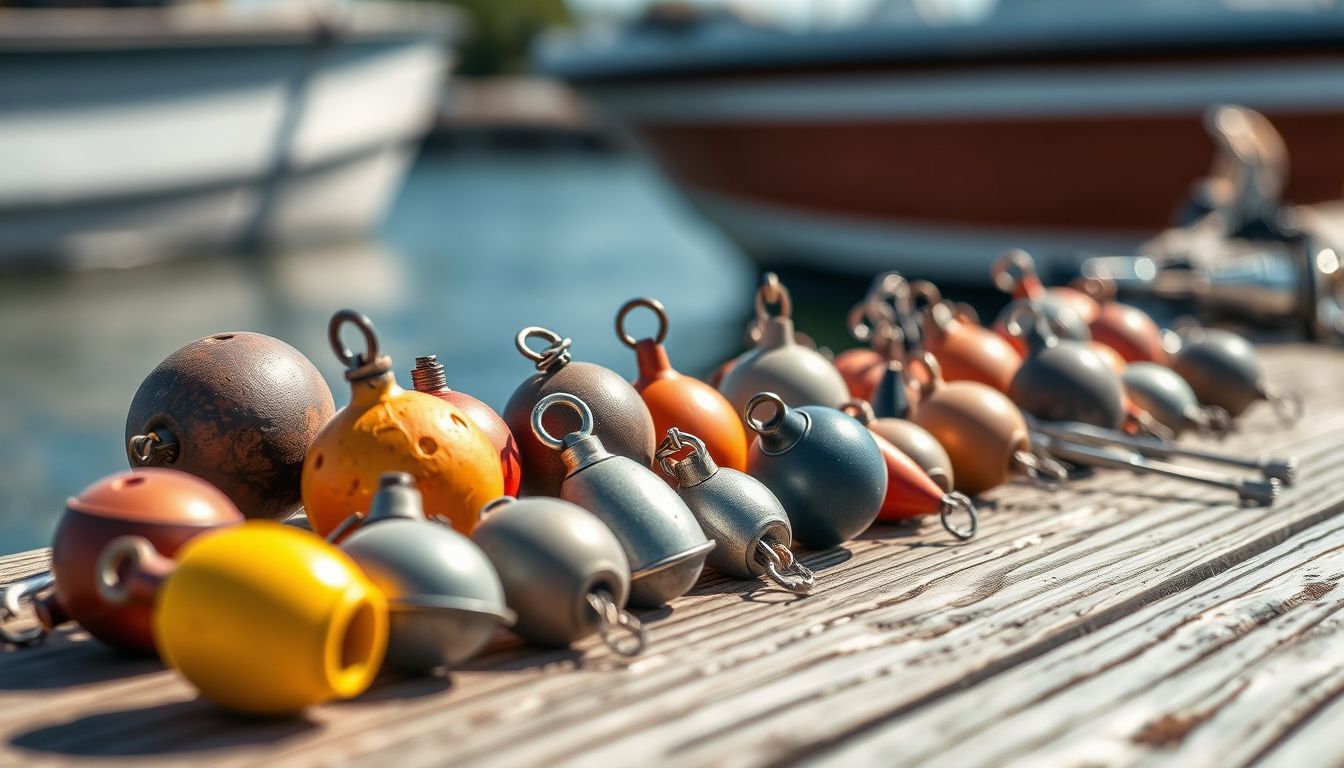  Close-up of various fishing sinker weights on wooden dock, natural outdoor light