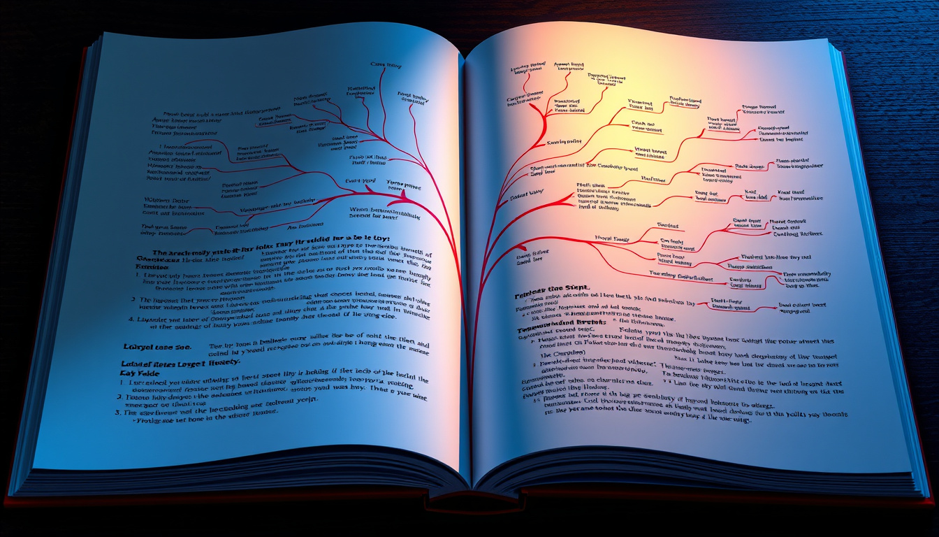  open script pages, colorful mind map connecting story elements, dramatic lighting