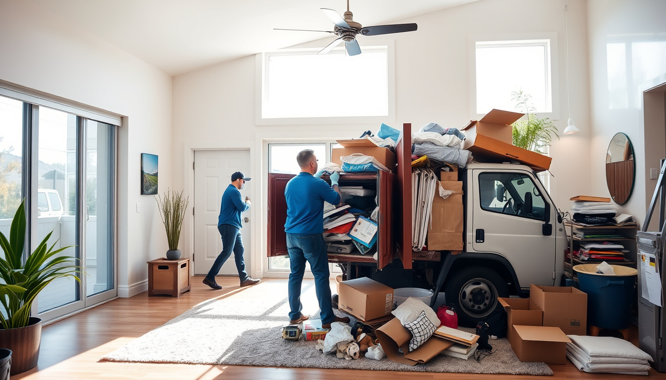  Professional junk haulers efficiently clearing clutter from a modern San Diego home, bright day
