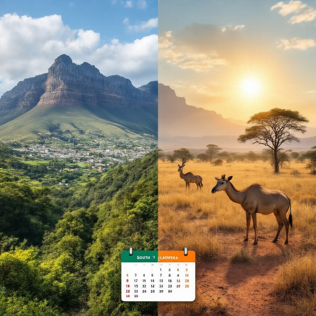 Create a realistic image of a split-screen view showing seasonal differences across South Africa: one half featuring the lush, green Cape region with Table Mountain during summer rains, the other half showing sunny, dry safari landscapes in Kruger National Park, with a small calendar or map overlay indicating regional climate variations.