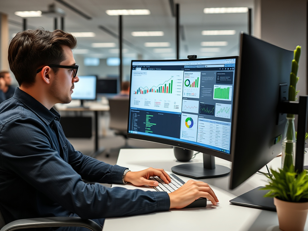 professional digital marketer analyzing multiple SEO tools on dual monitors in a corporate office
