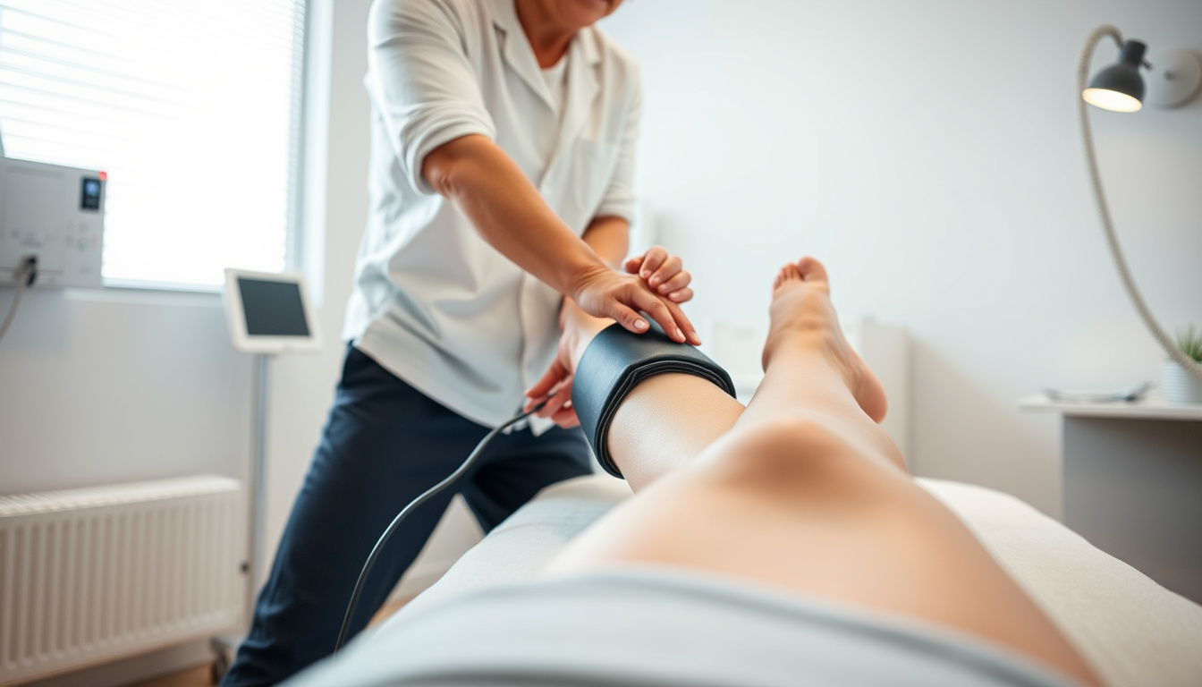  Person applying compression therapy on leg, soothing treatment in bright clinic room