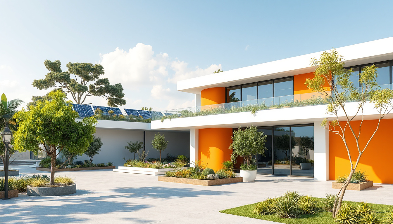 Sustainable Materials: The Key to Eco-Friendly Building and Design 1 Modern eco-friendly architecture featuring solar panels and biophilic design