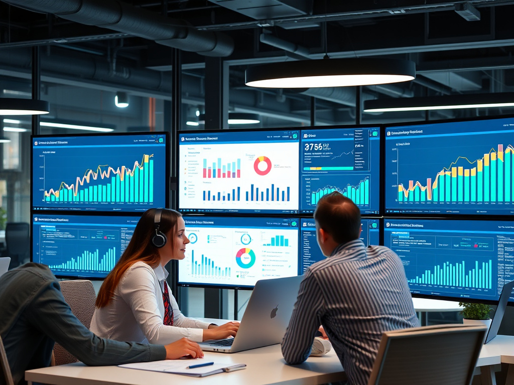 professional digital marketing team analyzing website analytics on large screens in a modern office