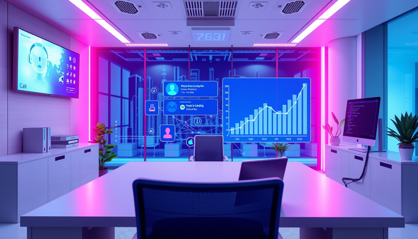  futuristic office with AI answering service, digital interface showing calls handled, efficiency graph rising