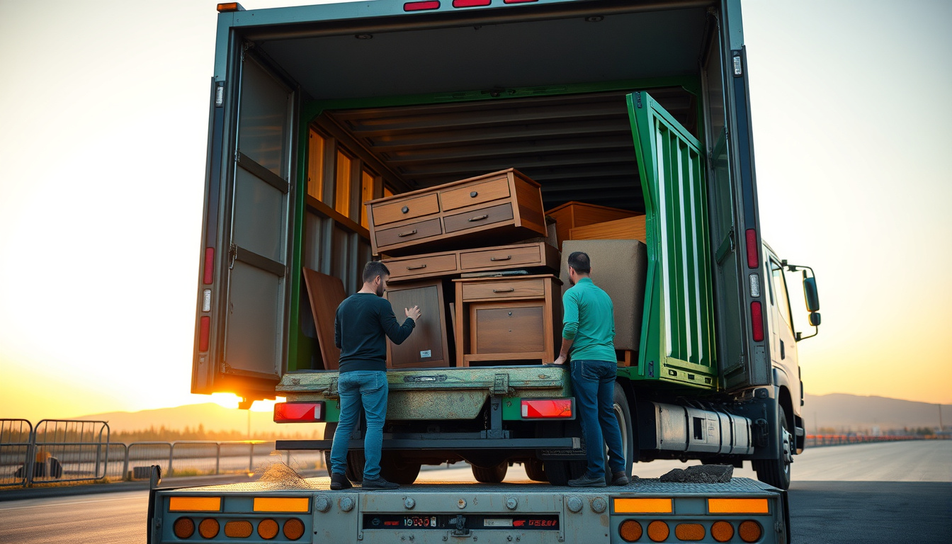  a professional team efficiently loading old furniture into a clean garbage truck at dawn