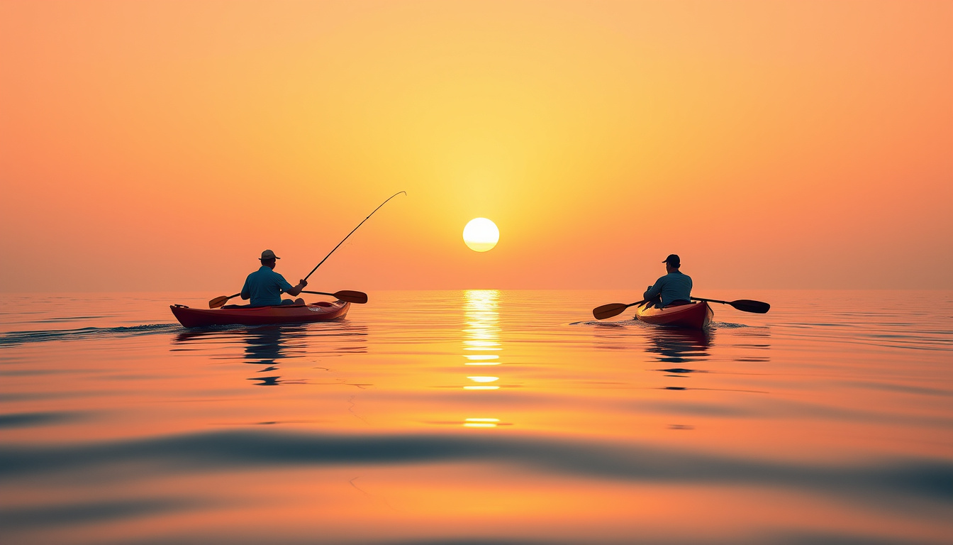  Fishermen peacefully paddling fishing kayaks at sunrise