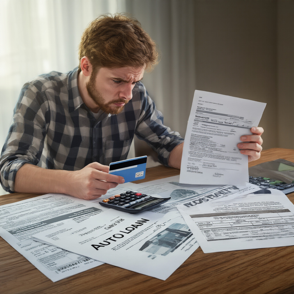 Create a realistic image of a diverse credit portfolio showing multiple credit accounts - a credit card, auto loan statement, mortgage document, and student loan paper spread out on a wooden desk, with a frustrated young white male looking at them while holding a calculator, symbolizing the challenge of building a proper credit mix, with soft indoor lighting creating a serious mood.