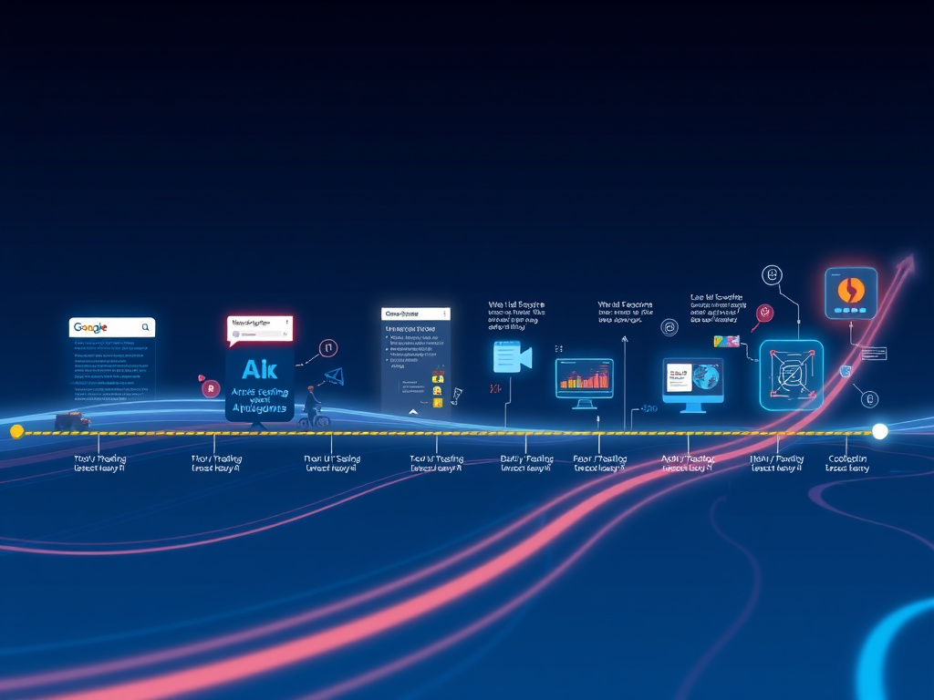 professional digital illustration showing the evolution timeline of internet search engines from directories to AI-powered systems