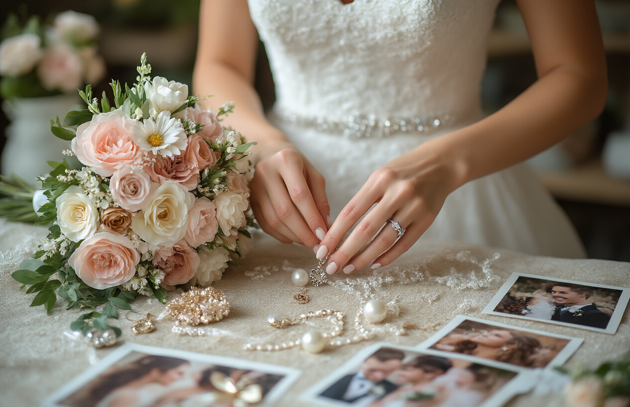 Create a realistic image of a bride with delicate hands transforming rental artificial flowers into a personalized keepsake, showing half of the arrangement in its original rental state and half being customized with ribbons, charms, and personal touches, all on a crafting table with wedding photos nearby, soft natural lighting highlighting the intricate details.