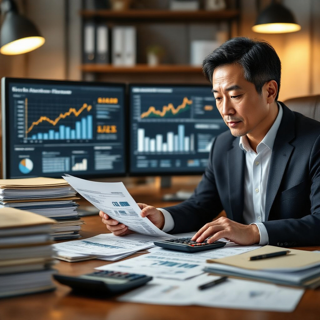 Create a realistic image of a professional setting with a middle-aged Asian male in business attire reviewing tax documents, financial statements, and a calculator on a desk, with a computer screen showing tax optimization graphs, stacks of neatly organized folders labeled "Tax Planning," and a calendar highlighting tax deadlines, all in warm office lighting creating a focused atmosphere.