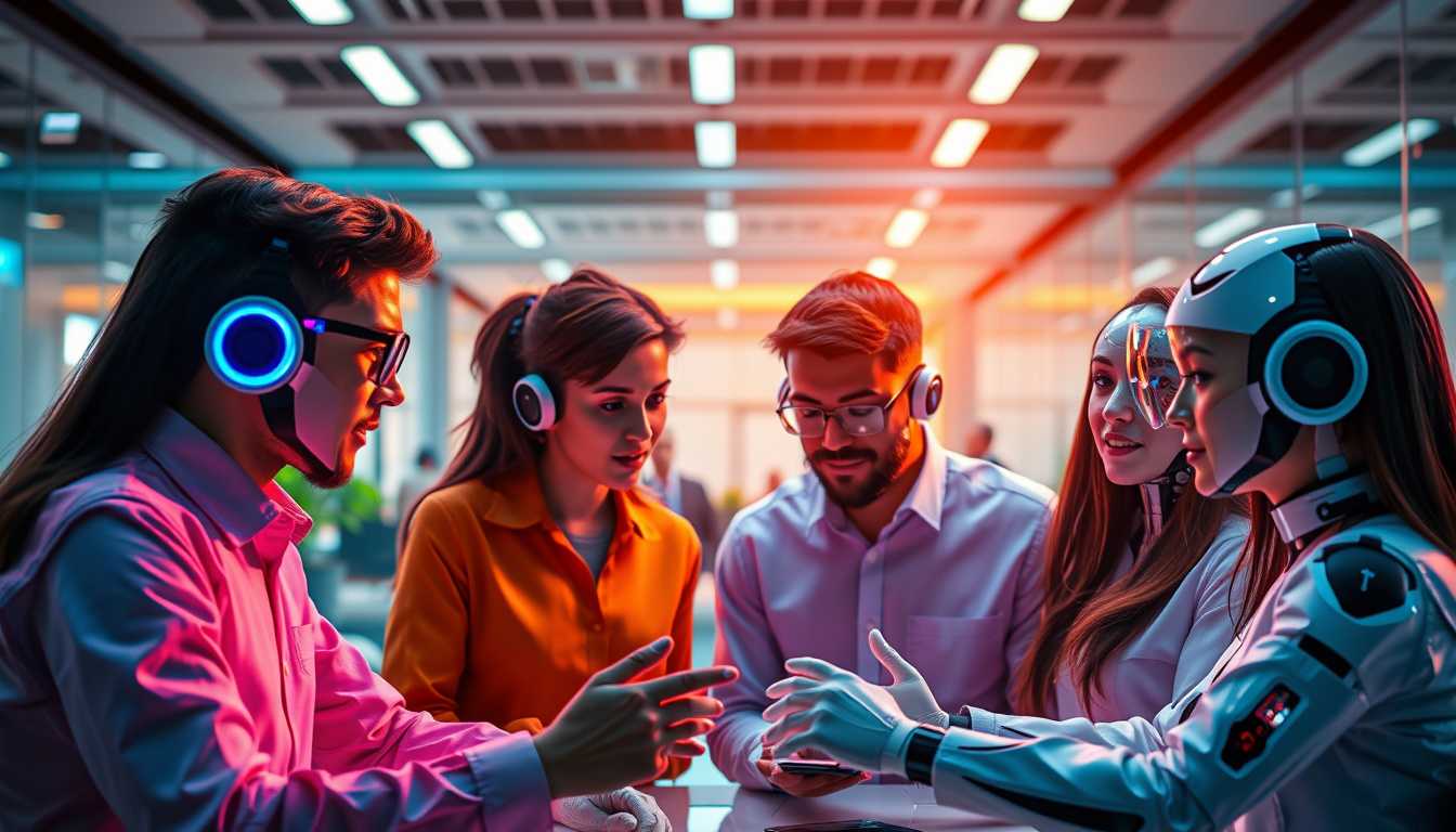  diverse team collaborating with autonomous AI agents, vibrant corporate innovation hub