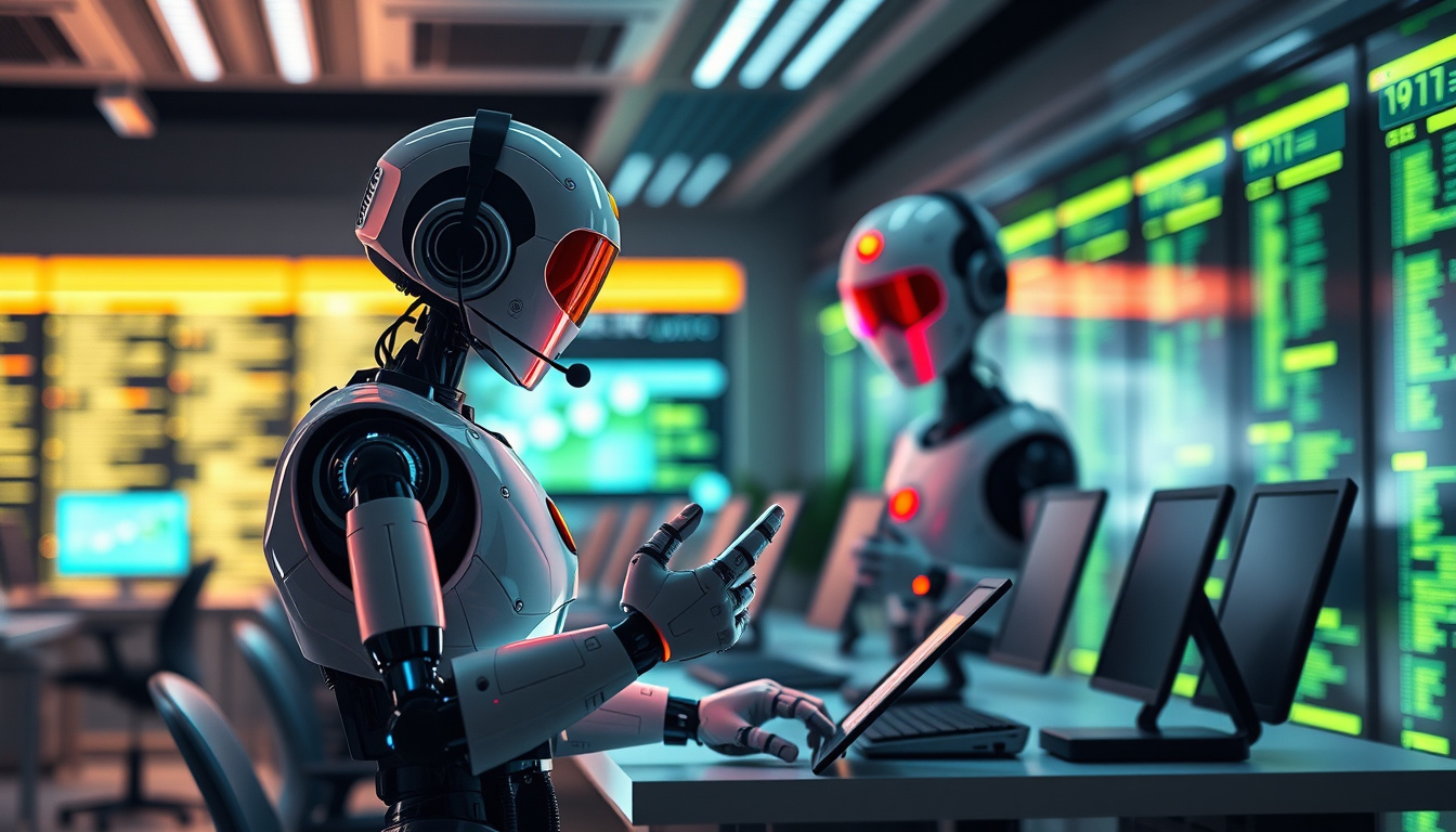  Robotic customer service agents efficiently handling multiple requests, glowing office with dynamic data streams
