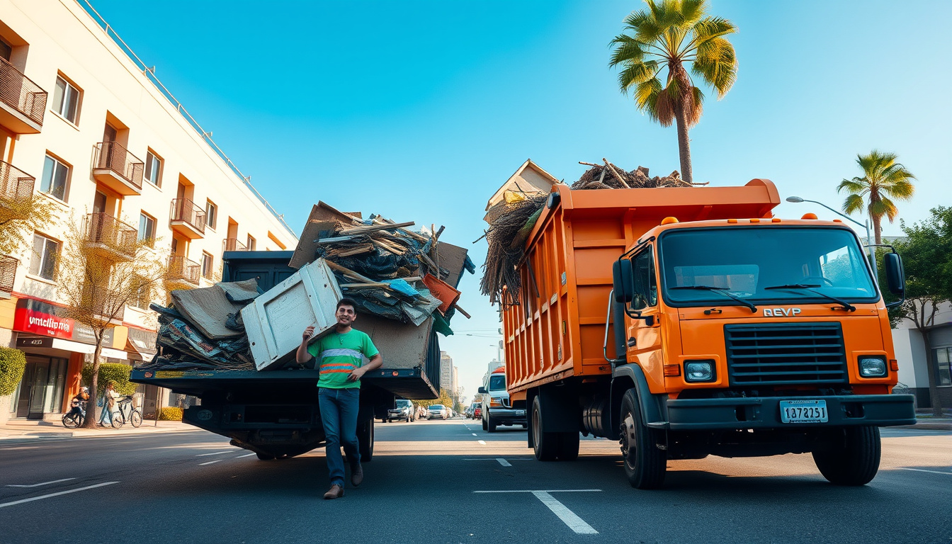 Friendly junk haulers loading debris, bright city street, efficient teamwork, clear blue sky