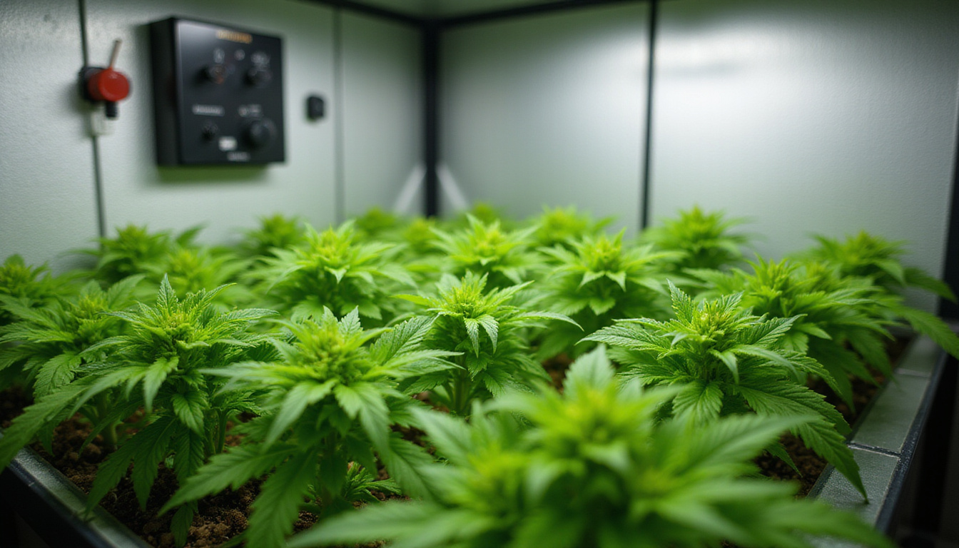  Close-up of lush green plants inside a modern grow tent with humidity controls