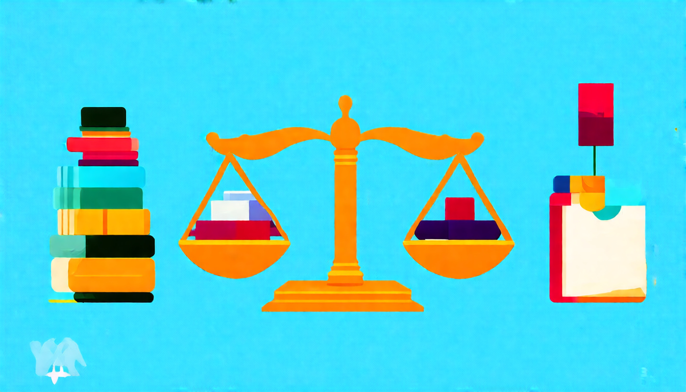  legal concept illustration of product liability, scales of justice over diverse consumer goods, clean vector style