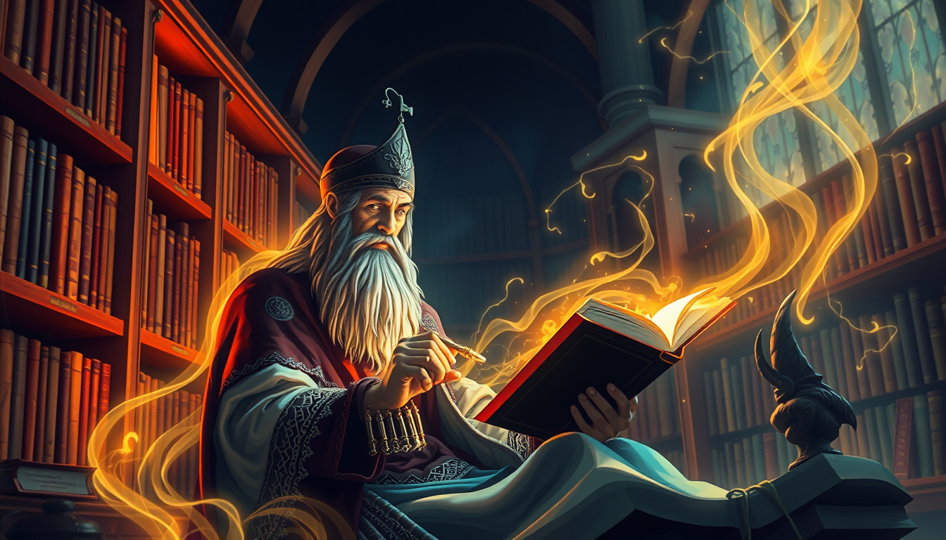  ancient storyteller weaving glowing threads of plot and characters in mystical library ambiance