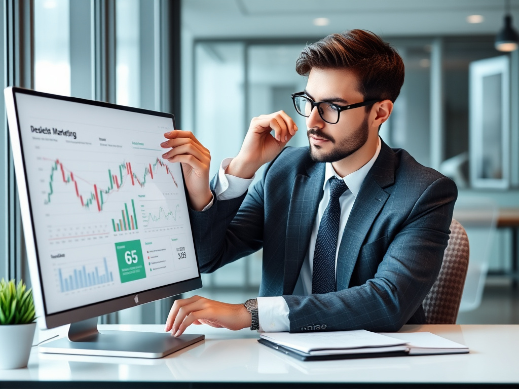 Corporate professional analyzing digital marketing data on a sleek computer screen