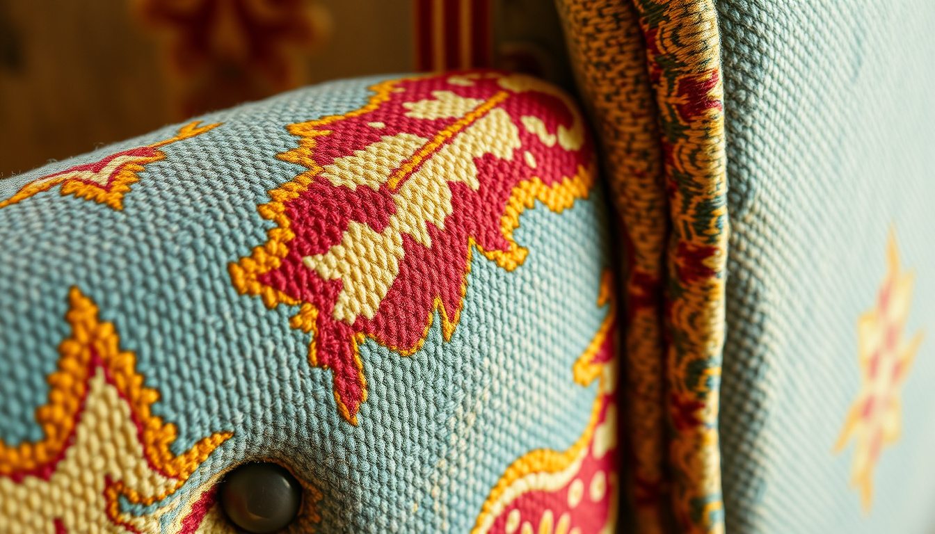 Top Tips for Expert Upholstery Restoration and Care 1 Close-up of detailed upholstery repair with vintage fabric textures