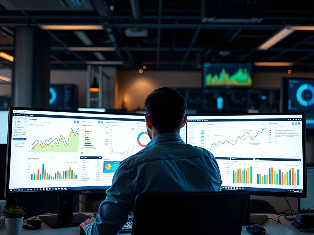 digital analyst working on multiple screens displaying analytics dashboards in a high-tech office